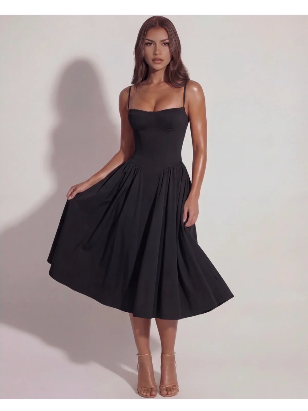 Francesca Black Midi Dress with Fitted Bodice, sweetheart neckline w/ pockets